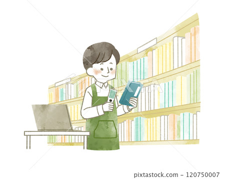 A man wearing an apron inspecting a library - watercolor 120750007
