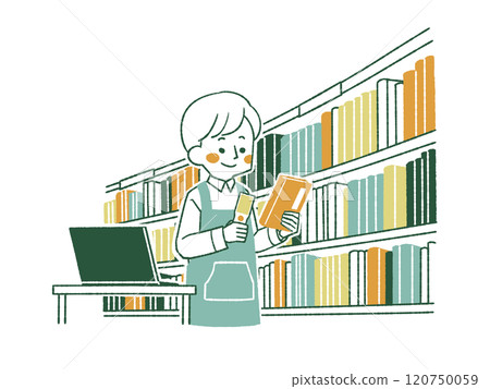 一個穿著圍裙的男人檢查藏書 - 4 種顏色 一個穿著圍裙的男人檢查藏書 - 4 種顏色 120750059