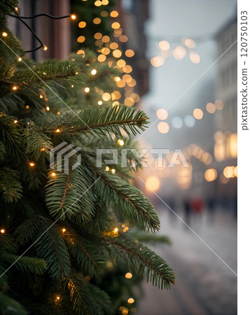 Christmas fir branches adorned with glowing bokeh lights on a festive evening 120750103