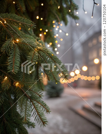 Christmas fir branches adorned with glowing bokeh lights in a cozy winter setting 120750104