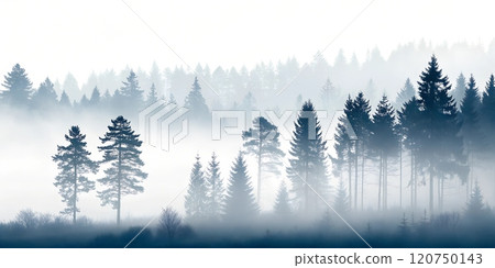 Misty forest landscape with tall trees and soft fog in early morning light 120750143