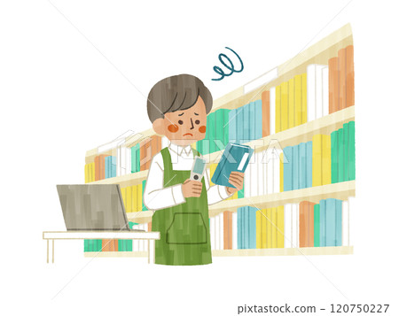 A man wearing an apron inspecting a library with a troubled expression - Gash 120750227