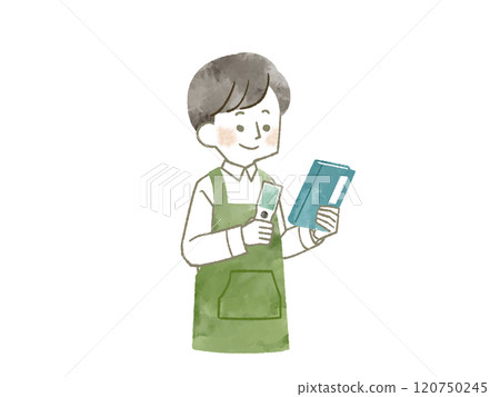 一個穿著圍裙的男人拿著一本書和一個手持終端 — 水彩 一個穿著圍裙的男人拿著一本書和一個手持終端 — 水彩 120750245