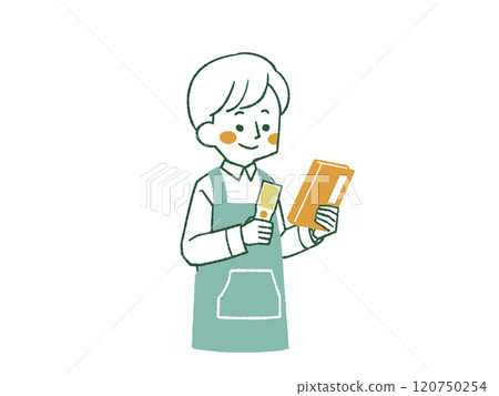 A man wearing an apron holding a book and a handheld terminal - 4 colors A man wearing an apron holding a book and a handheld terminal - 4 colors 120750254