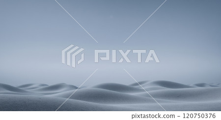 Serene snow-covered landscape with a misty sky. 120750376