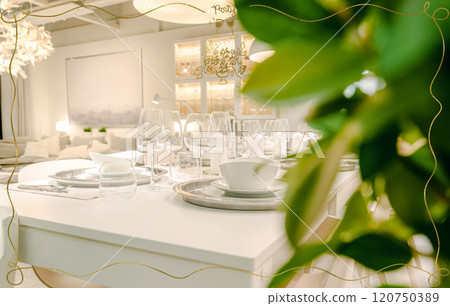 Elegant dining table with botanical accents Elegant dining table with botanical accents 120750389