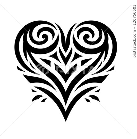A black decorative heart shape vector icon. A female tattoo in a new tribal style. An elegant logo illustration. AI-generated A black decorative heart shape vector icon. A female tattoo in a new tribal style. An elegant logo illustration. AI-generated 120750603