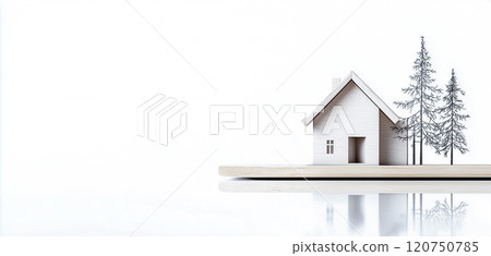 Peaceful landscape with minimalist house and forest elements 120750785
