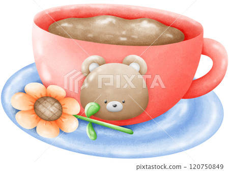 Brown bear coffee cup on a coaster with sunflowers Brown bear coffee cup on a coaster with sunflowers 120750849