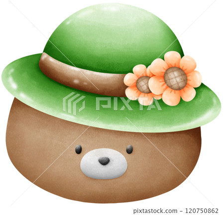 Bear wearing a green hat decorated with sunflowers Bear wearing a green hat decorated with sunflowers 120750862