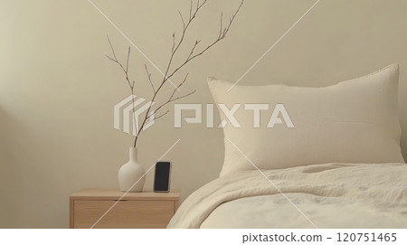 有蓬鬆枕頭和智慧型手機的臥室 有蓬鬆枕頭和智慧型手機的臥室 120751465