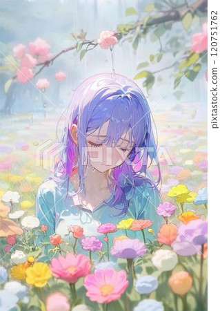 Crying girl and beautiful flowers Crying girl and beautiful flowers 120751762