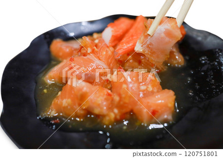 Top view of Spicy Salmon Salad, focus selective Top view of Spicy Salmon Salad, focus selective 120751801