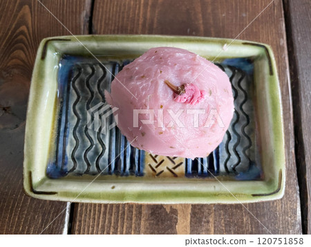 Ohagi with cherry blossom bean paste: A spring Japanese confection, a glutinous rice sweet with a cherry blossom flavor. Ohagi with cherry blossom bean paste: A spring Japanese confection, a glutinous rice sweet with a cherry blossom flavor. 120751858