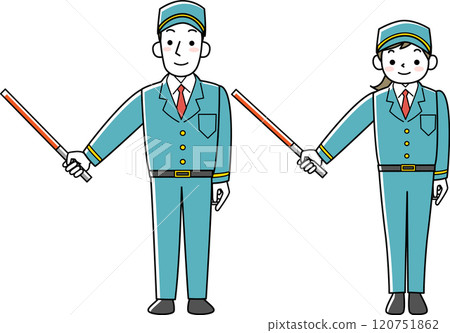 Female and male security guards holding exit lights 120751862