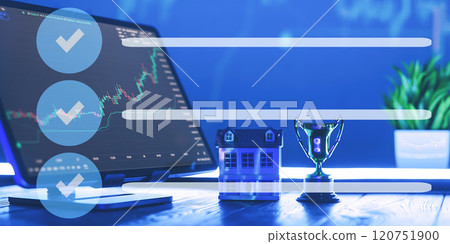 Financial Goal Achievement Visualization - Stock Market Analytics, Real Estate Investment, and Success Checklist with Trophy in a Futuristic Setting 120751900