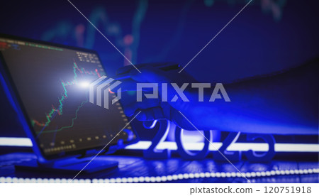 2025 Financial Strategy Visualization - Hand with Stylus Pointing to Digital Stock Market Analytics on Futuristic Interface 120751918