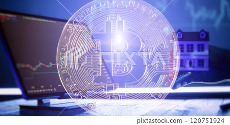 Bitcoin and Real Estate Investment Concept - Cryptocurrency Integration with Stock Market Trends and Property Symbolism in a Futuristic Setting Bitcoin and Real Estate Investment Concept - Cryptocurrency Integration with Stock Market Trends and Property Symbolism in a Futuristic Setting 120751924