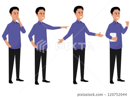 Young man's outfit Posing wearing a purple shirt and black pants. Standing with different poses set isolated vector illustration. 120752044