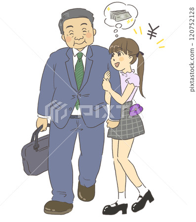 Sugar daddy, compensated dating, illustration of a girl holding an arm with an older man 120752128