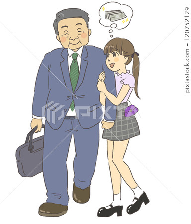 Sugar daddy, compensated dating, illustration of a girl holding an arm with an older man 120752129