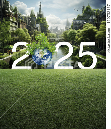 Happy new year 2025 ecological cover, Save the earth concept, Elements of this image furnished by NASA, Generative AI 120752187