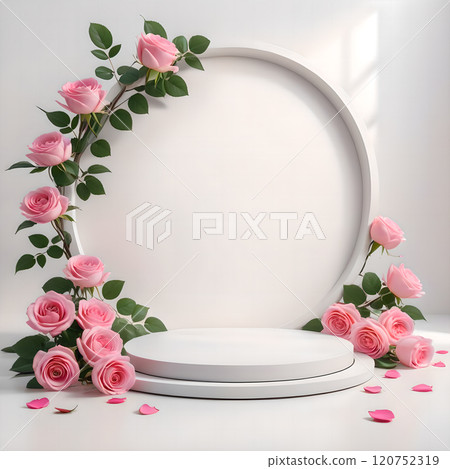 White circle-shaped product display stand and powder red glass, Lover's Day, Mother's Day, Women's Day, Birthday, Anniversary Day, Marriage, Romantic Romance, Broad Announcement, Material Desk 120752319