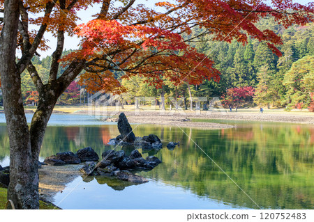 Autumn in the Pure Land Garden of Motsuji Temple, Oizumigaike Pond and Standing Stone in the Pond, Iwate Prefecture 120752483
