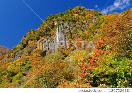 Akiyamago: Looking up at Nunoiwa Rock, the autumn leaves at the foot of the mountain add to the sense of realism Akiyamago: Looking up at Nunoiwa Rock, the autumn leaves at the foot of the mountain add to the sense of realism 120752618