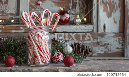 A festive display of red and white candy canes in a glass jar, surrounded by holiday ornaments, pine branches, and twinkling fairy lights, on a rustic wooden surface. AI generated. 120752664