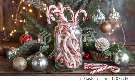 A festive display of red and white candy canes in a glass jar, surrounded by holiday ornaments, pine branches, and twinkling fairy lights, on a rustic wooden surface. AI generated. 120752665