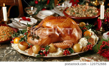 A warm and inviting Christmas dinner table spread featuring a roast turkey, mashed potatoes, stuffing, and seasonal vegetables, with red and green decorations and candles. AI generated. 120752666