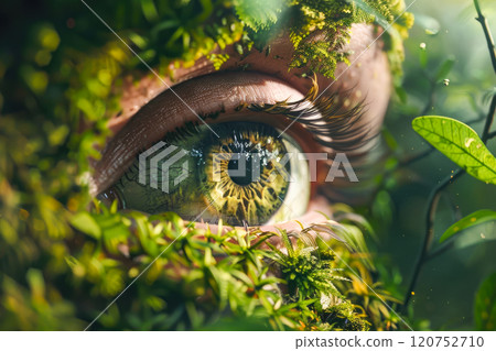 A human eye with plants around it. Natural cosmetic and wellness concept. A human eye with plants around it. Natural cosmetic and wellness concept. 120752710