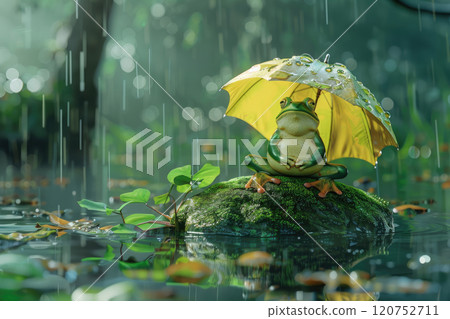 A little green frog sitting on a mossy rock in a summer pond and holding an umbrella in the rain. A little green frog sitting on a mossy rock in a summer pond and holding an umbrella in the rain. 120752711