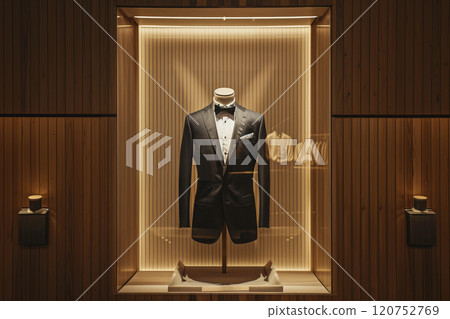 Luxury suit in a showcase. Clothing modern shop-window. Luxury suit in a showcase. Clothing modern shop-window. 120752769