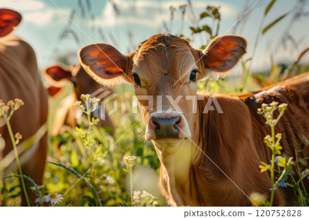 Calves grazing on a farm meadow. 120752828