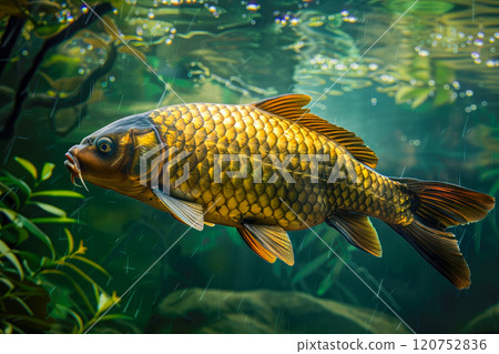 Wild golden carp underwater, close-up view. Wild golden carp underwater, close-up view. 120752836