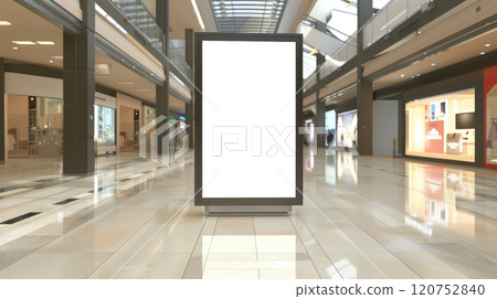 Blank billboard or advertising light box for your text message or media content in modern department store shopping mall. 120752840