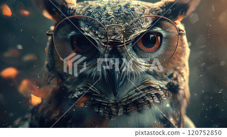 Close-up portrait of a wise owl wearing reading glasses. 120752850