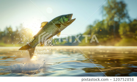 Fish jumping with water splashing in a summer lake Fish jumping with water splashing in a summer lake 120752858