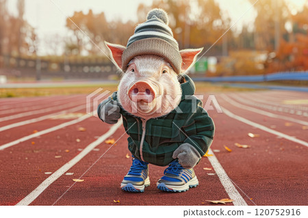A pig wearing a sports track suit and sport shoes and standing on the stadium jogging track. New healthy life concept. 120752916