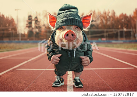 A pig wearing a sports track suit and sport shoes and standing on the stadium jogging track. A pig wearing a sports track suit and sport shoes and standing on the stadium jogging track. 120752917