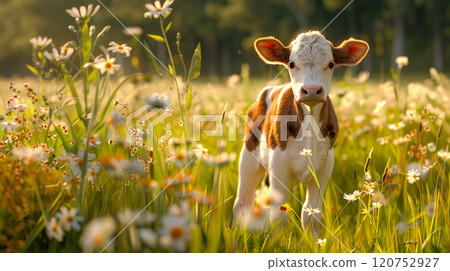 An adorable calf with big eyes, standing on a beautiful meadow. 120752927