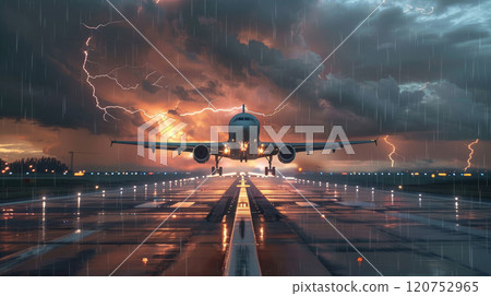 An airplane takes off from the end of the runway with dramatic stormy sky and lightning in the background. 120752965
