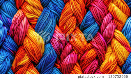 Beautiful colorful background made of braided yarn strings in various colors, close-up knitting. Beautiful colorful background made of braided yarn strings in various colors, close-up knitting. 120752966