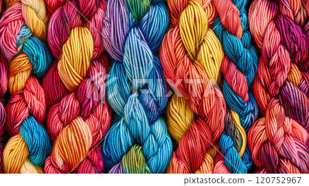 Beautiful colorful background made of braided yarn strings in various colors Beautiful colorful background made of braided yarn strings in various colors 120752967