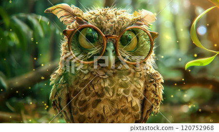 Close-up of a wise forest owl wearing reading glasses. 120752968