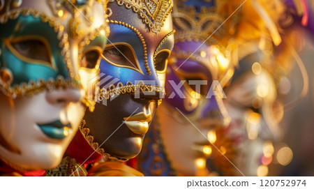 Close-up view of actors wearing beautiful colorful masks and performing a play. 120752974