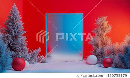 Red scene with template for text or advertising and small frosted Christmas tree and toy balls. New Year 2025 modern backdrop, mockup. Wintry decor.  120753179