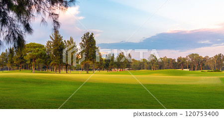A panoramic golf course with lush greenery and tranquil surroundings, illuminated by the gentle hues of an evening sky. A panoramic golf course with lush greenery and tranquil surroundings, illuminated by the gentle hues of an evening sky. 120753400